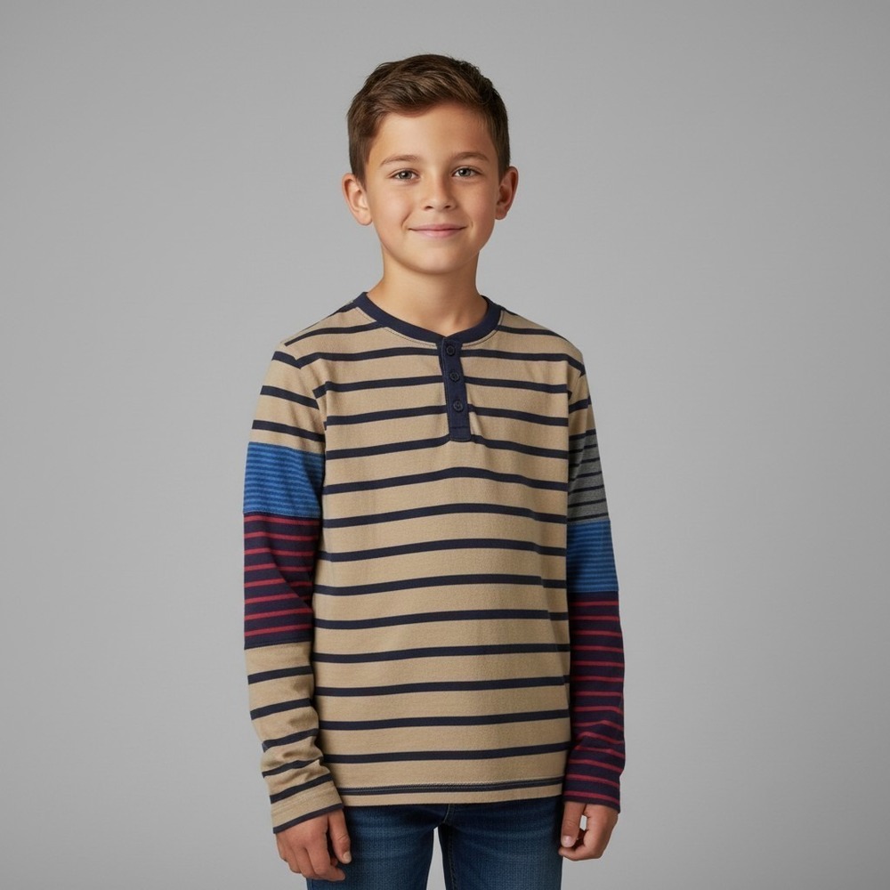 Hanna Andersson Boys Striped Henley Long Sleeve Shirt 100% Cotton Preppy 10-12